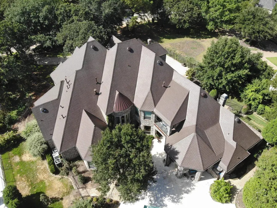Aerial view of a large estate with a DaVinci synthetic shake roof